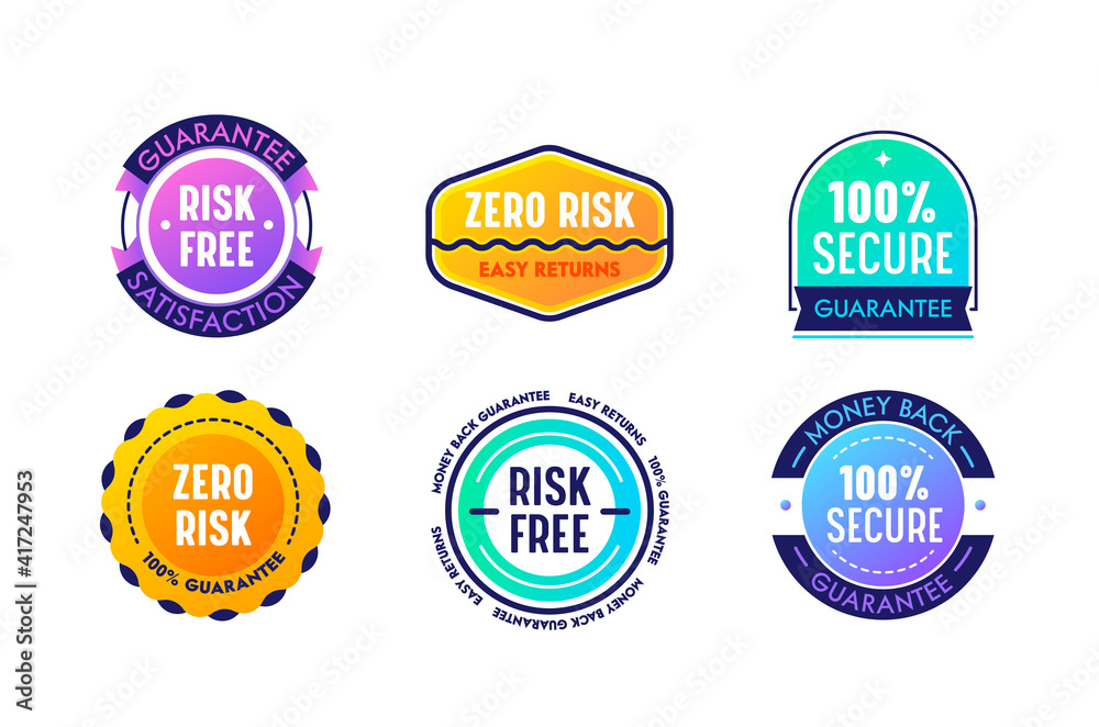 Set of Icons Zero Risk Easy Returns Guarantee Satisfaction, Commercial Labels, Banners. Isolated Marketing Certificates
