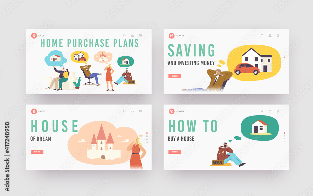 Home Purchase Plans Landing Page Template Set. Characters Dream of House. People Businessman, Bum, Married Couple