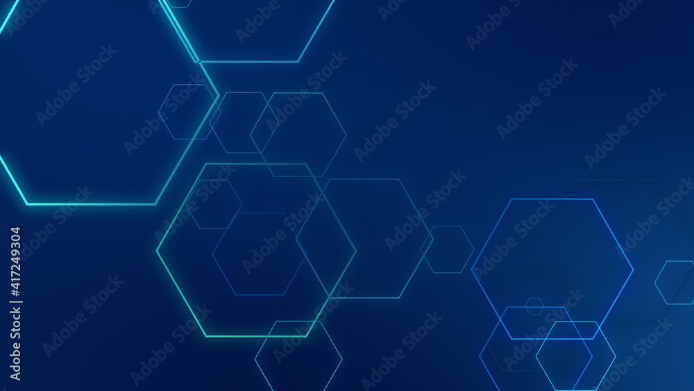 Hexagon geometric blue neon lights technology Hi-tech dark background. Abstract graphic digital future science concept design. Hexagon geometric blue neon lights technology Hi-tech dark background. Abstract graphic digital future science concept design.