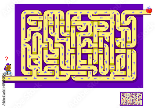 Logic puzzle game with labyrinth for children and adults. Help the little bear find the way till the gift. Worksheet for kids brain teaser book. IQ test. Play online. Vector illustration.