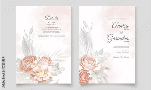  Beautiful floral frame wedding invitation card template Premium Vector