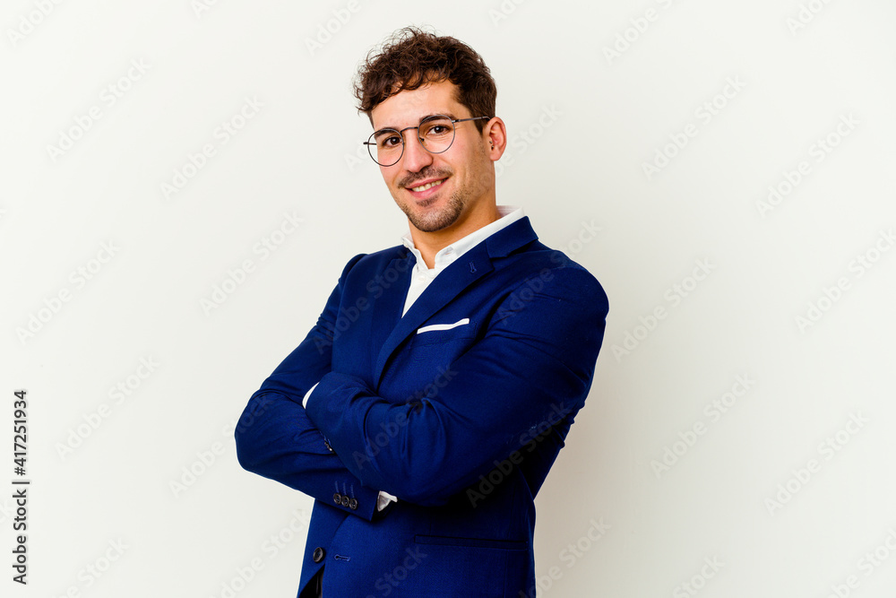 Young business caucasian man isolated on white background happy, smiling and cheerful. Young business caucasian man isolated on white background happy, smiling and cheerful.