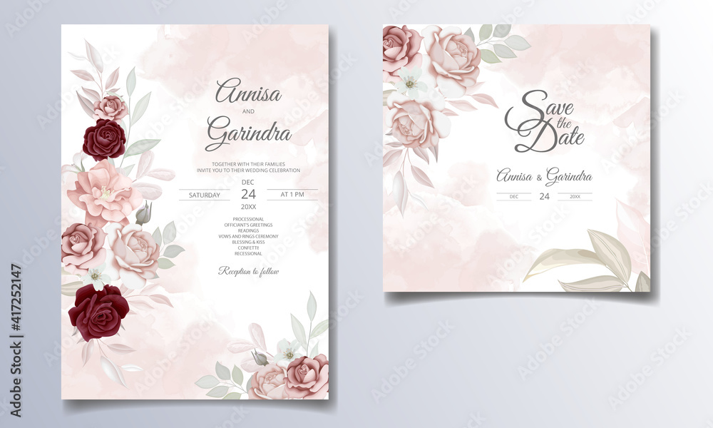  Elegant wedding invitation card with beautiful brown floral and leaves template Premium Vector