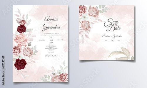  Elegant wedding invitation card with beautiful brown floral and leaves template Premium Vector