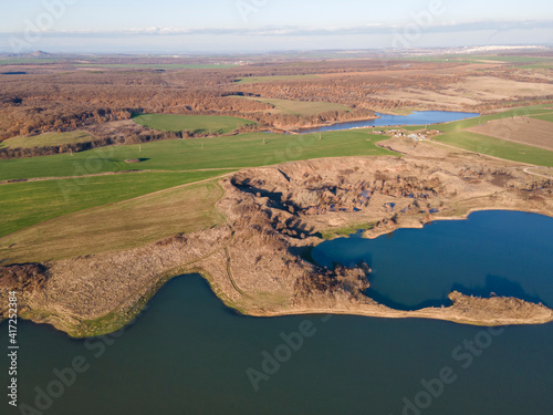 Aerial sunset view of  Trakiets Reservoir, Bulgaria photo