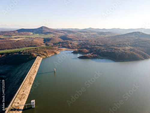 Aerial sunset view of Trakiets Reservoir, Bulgaria