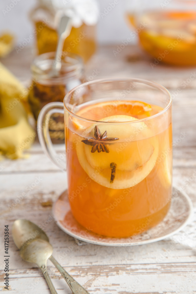 Ginger and orange tea in the the glass Ginger and orange tea in the the glass