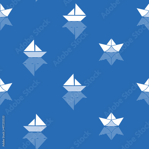 Abstract geometric blue white boats seamless pattern print background. Vector illustration perfect for fabric, textile, wallpaper, stationery, packaging, home and garden decor projects. Surface design