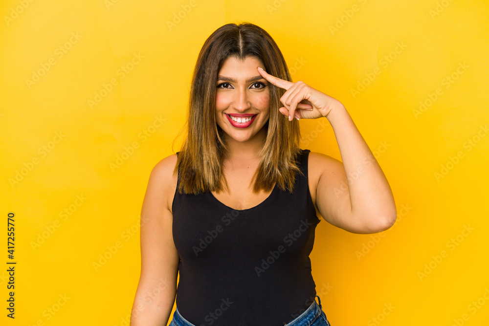 Young indian woman isolated on yellow background pointing temple with finger, thinking, focused on a task.