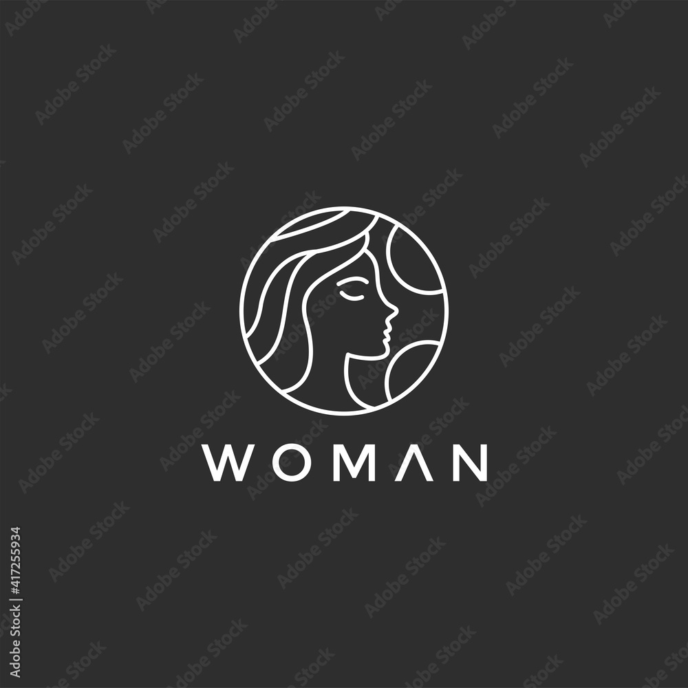 Vector image. Logo for business in the industry of beauty, health, personal hygiene. Beautiful image of a female face. Linear stylized image. on black background