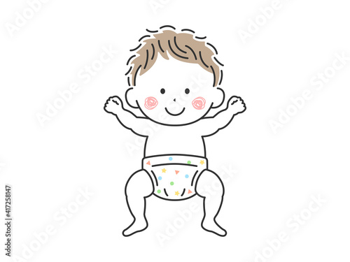 オムツ姿で寝転んでいる笑顔の赤ちゃんのイラスト