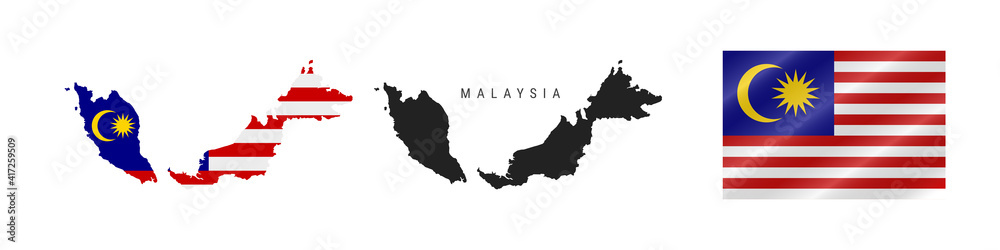 Malaysia. Detailed flag map. Detailed silhouette. Waving flag. Vector illustration Malaysia. Detailed flag map. Detailed silhouette. Waving flag. Vector illustration