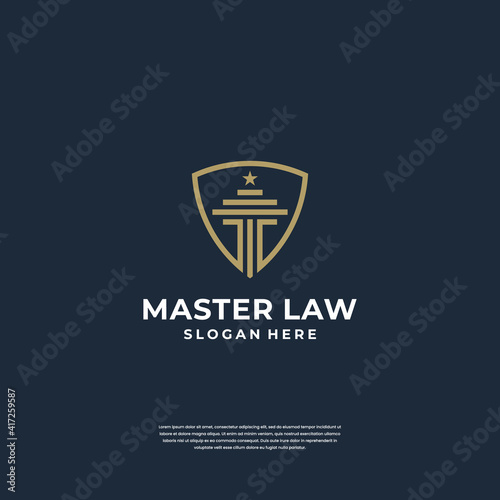 Law of Justice logo design pillar with shield symbol. minimalist logo with line art style