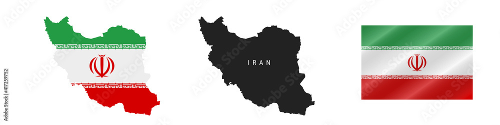 Iran. Detailed flag map. Detailed silhouette. Waving flag. Vector illustration