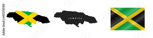 Jamaica. Detailed flag map. Detailed silhouette. Waving flag. Vector illustration