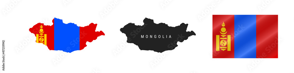 Mongolia. Detailed flag map. Detailed silhouette. Waving flag. Vector illustration Mongolia. Detailed flag map. Detailed silhouette. Waving flag. Vector illustration