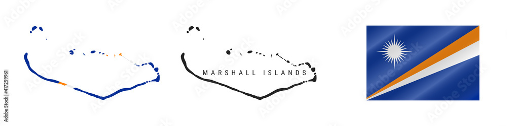 Fototapeta premium Marshall Islands. Detailed flag map. Detailed silhouette. Waving flag. Vector illustration