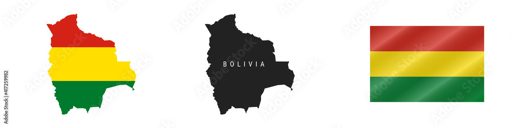 Bolivia. Detailed flag map. Detailed silhouette. Waving flag. Vector illustration