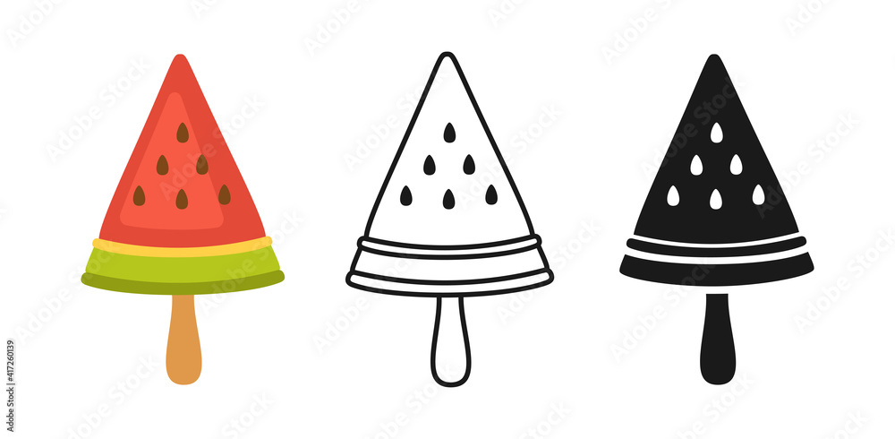 Watermelon Ice Cream lolly cartoon set, line icon, black glyph style. Kawaii hello summer collection sweet food. Comic hand drawn cute berry Ice cream on stick. Isolated dessert vector illustration Watermelon Ice Cream lolly cartoon set, line icon, black glyph style. Kawaii hello summer collection sweet food. Comic hand drawn cute berry Ice cream on stick. Isolated dessert vector illustration