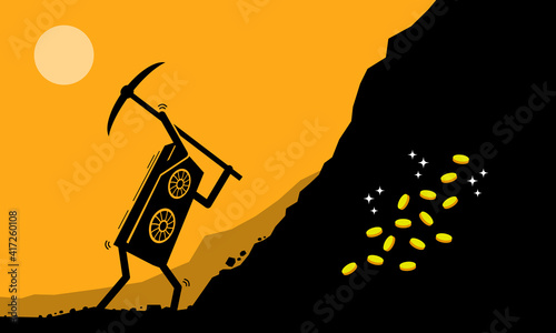 Graphic Card or GPU worker mining digital cryptocurrency coin or money at mining site. Vector illustration clip arts concept of mining crypto currency, digital currencies industry, and GPU farming.