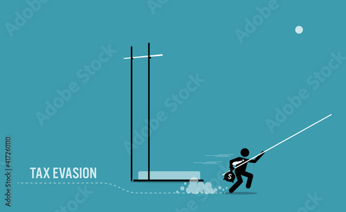 Taxpayer with money side stepping and running away from pole vault high bar to avoid paying tax. Vector illustration concept of tax avoidance, evasion, tax exemption, and escaping audit.