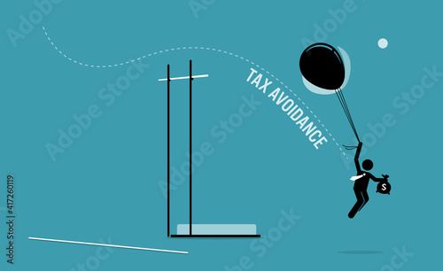 Taxpayer with money flying over a pole vault high bar with balloons to avoid paying tax. Vector illustration concept of tax avoidance, evasion, tax exemption, and escaping audit.