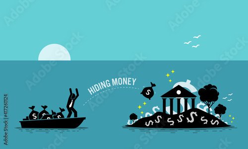 Businessman taxpayer hiding money at tax haven island. Vector illustration concept of money laundering, embezzlement, offshore banking to avoid tax, tax evasion, business crime, and illegal income. photo
