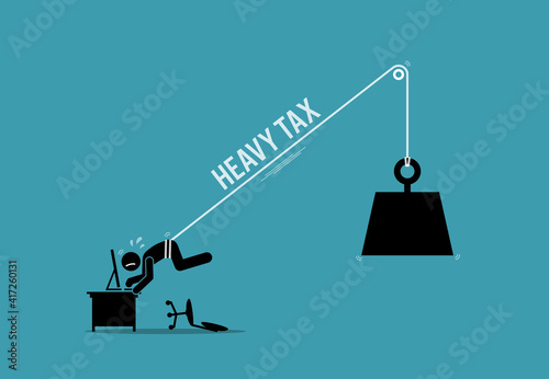 Working taxpayer man being tied up by the burden of heavy tax. Vector illustration concept of heavy tax burden, financial restriction, business oppression, and excessive debt.