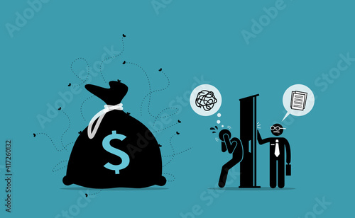 Man keeping dirty money in the house while IRS agent auditor come knocking at the door and checking account. Vector illustration concept of money laundering, illegal money, fraud and embezzlement. photo