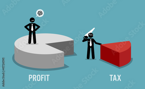 Taxpayer unhappy with business revenue or profit being taxed by the government IRS. Vector illustration concept of tax return obligation, financial burden, taxation, and auditor.