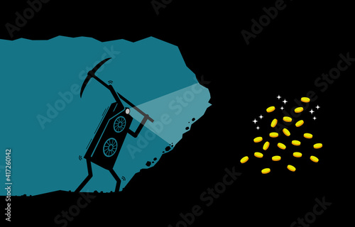 Graphic Card or GPU worker mining digital cryptocurrency coin or money at mining site. Vector illustration clip arts concept of mining crypto currency, digital currencies industry, and GPU farming.