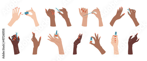 Female manicured hand trendy set. Multiracial hands nail design, varnish, file and scissors. Flat manicure accessories, equipment tools. Different nations Spa beauty trendy concept vector illustration