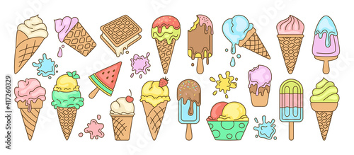 Ice cream bright line set. Chocolate, vanilla doodle ice cream cone fruit, mint, berry. Kawaii icon summer collection sweet food and splash. Watermelon on stick. Isolated dessert vector illustration