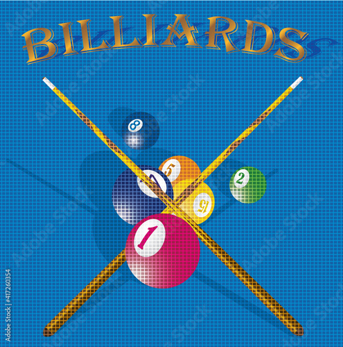 Billiard cue and pool balls on blue table