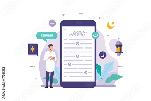 Muslim people reading the quran on smartphone mobile app vector illustration