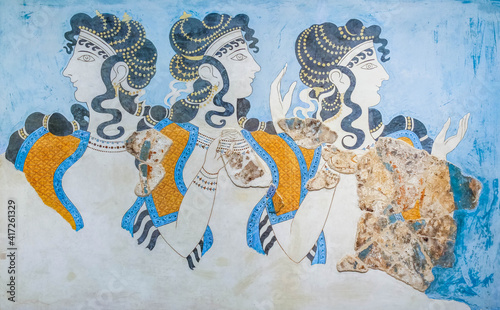 Minoan 'Ladies in Blue' Fresco in Archaeological Museum of Heraklion Crete Greece photo