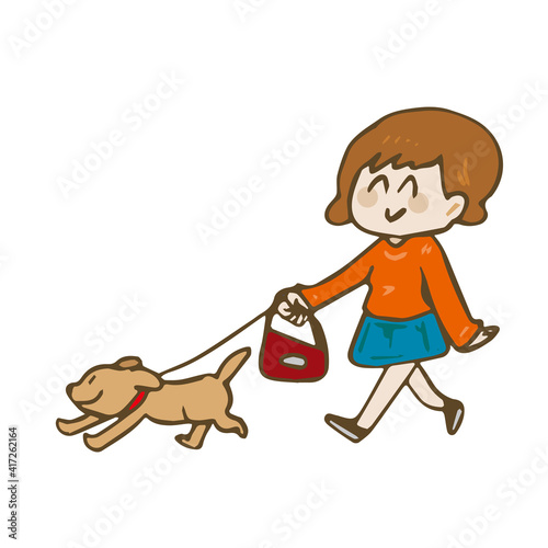 犬の散歩をする女性のイラスト
