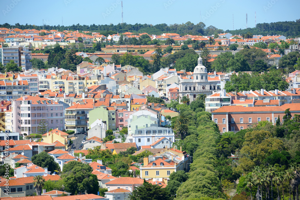 Belem historic district skyline aerial view from Monument to the Discoveries, city of Lisbon, Portugal.
