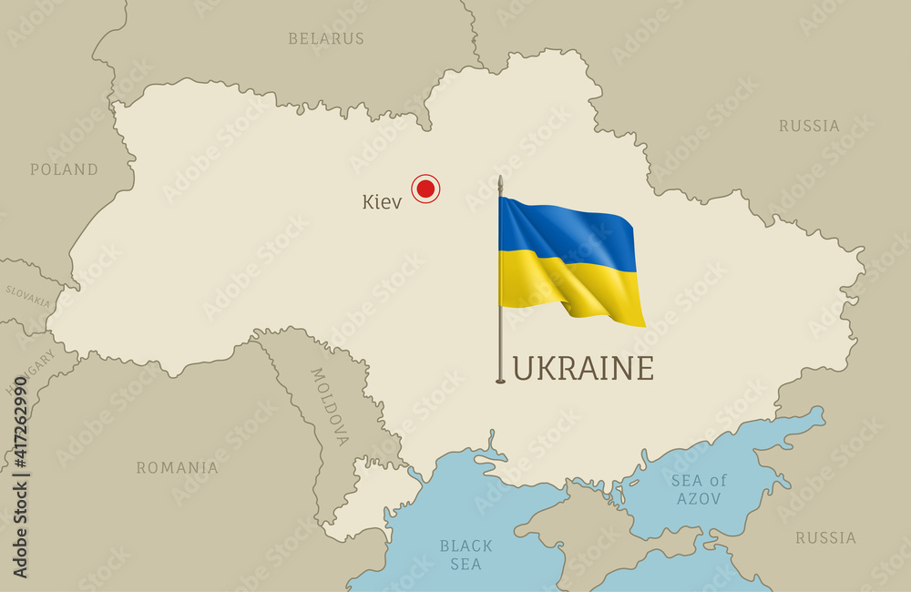 Highly detailed map of Ukraine territory borders, East European country administrative map with Kiev capital city and waving national flag vector illustration
