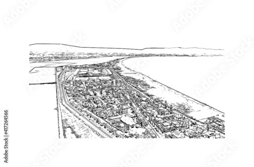 Building view with landmark of Cagliari is the capital city of the Italian island of Sardinia. Hand drawn sketch illustration in vector.