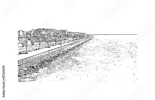 Building view with landmark of Cagliari is the capital city of the Italian island of Sardinia. Hand drawn sketch illustration in vector.