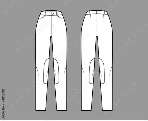 Jeans Kentucky Jodhpurs Denim pants technical fashion illustration with normal waist, high rise, pockets, belt loops, full lengths. Flat bottom template front back, white color style. Women, men CAD