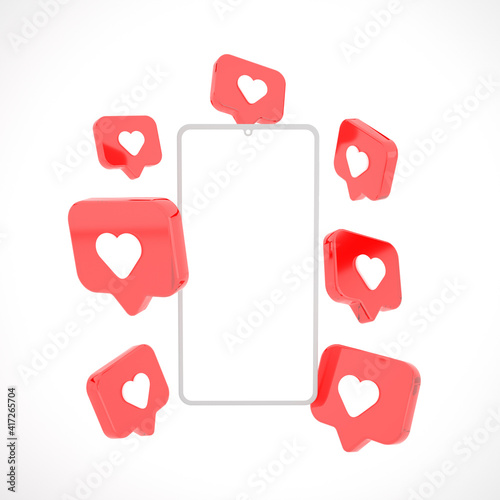 Teléfono inteligente rodeado de me gusta, corazones sobre fondo blanco