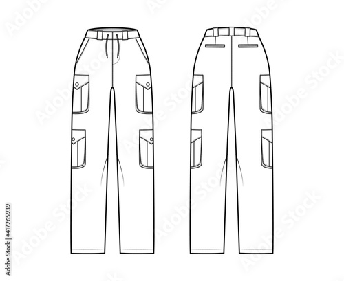 Set of cargo pants technical fashion illustration with normal waist, high rise, pockets, belt loops, full lengths. Flat bottom apparel template front back, white color. Women, men, unisex CAD mockup