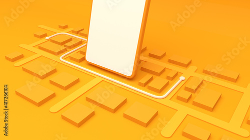 Teléfono inteligente rodeado de mapa 3D, aplicación de entrega a domicilio, fondo naranja