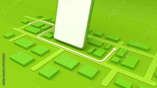 Teléfono inteligente rodeado de mapa 3D, aplicación de entrega a domicilio, fondo verde  