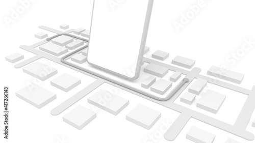 Teléfono inteligente rodeado de mapa 3D, aplicación de entrega a domicilio, fondo blanco  