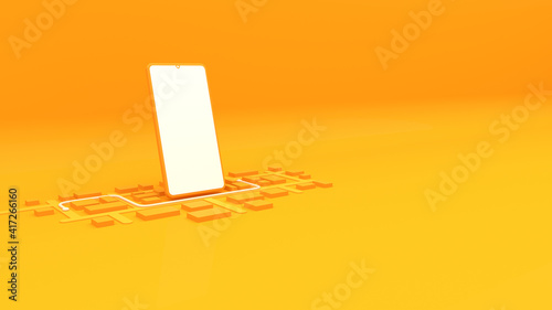 Teléfono inteligente rodeado de mapa 3D, aplicación de entrega a domicilio, fondo naranja