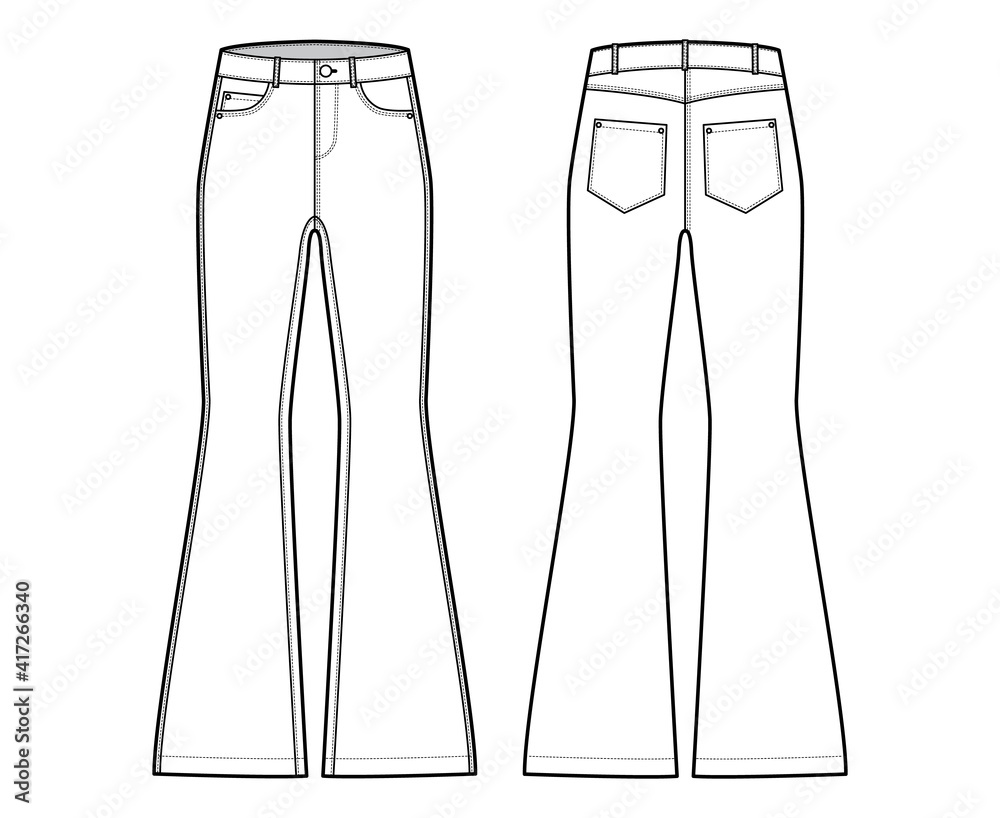 Jeans flared bottom Denim pants technical fashion illustration with full  length, low waist, 5 pockets, Rivets. Flat bottom apparel template front  back, white color style. Women, men, unisex CAD mockup Stock Vector