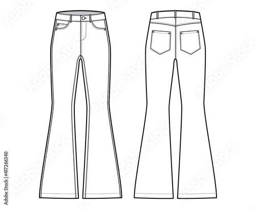 Jeans flared bottom Denim pants technical fashion illustration with full length, low waist, 5 pockets, Rivets. Flat bottom apparel template front back, white color style. Women, men, unisex CAD mockup